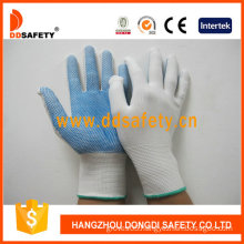13 Gauge Bleach Nylon Seamless Gloves with Blue PVC Dots One Side (DKP411)